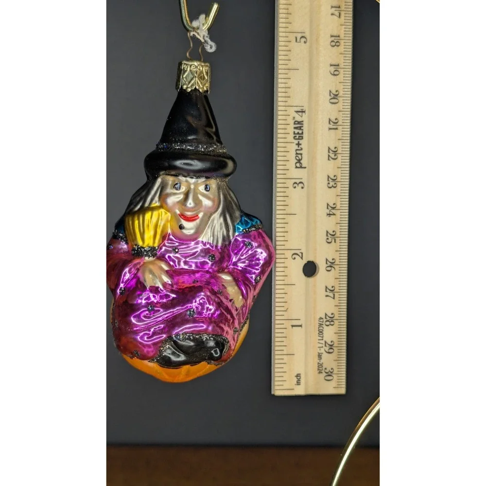 Vintage Inge Glas  witch glass ornament pumpkin Germany glitter Halloween